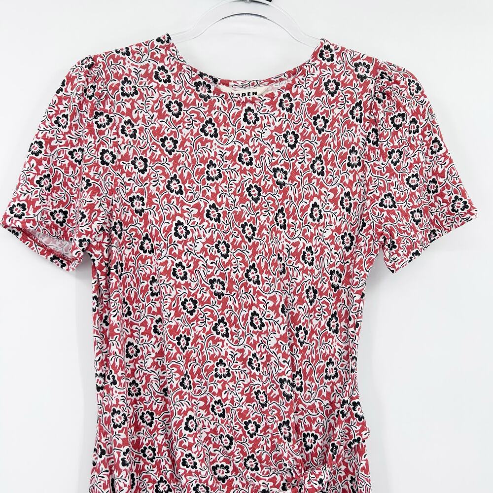 Boden Red Black Floral Jersey Knot Waist Short Sleeve Dress Casual Womens Sz 6P - Picture 4 of 11